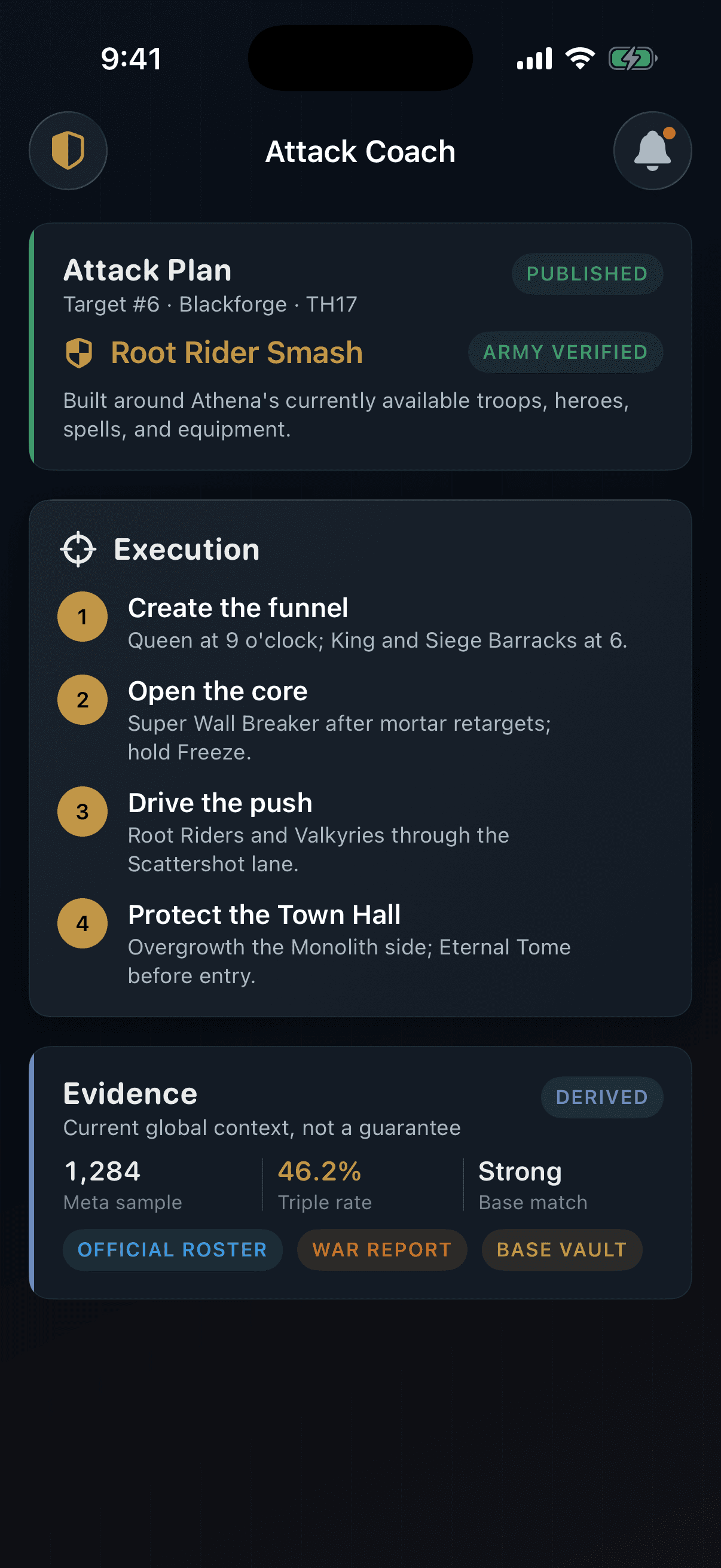 ClanPilot Attack Coach showing an army-aware structured attack plan and its evidence