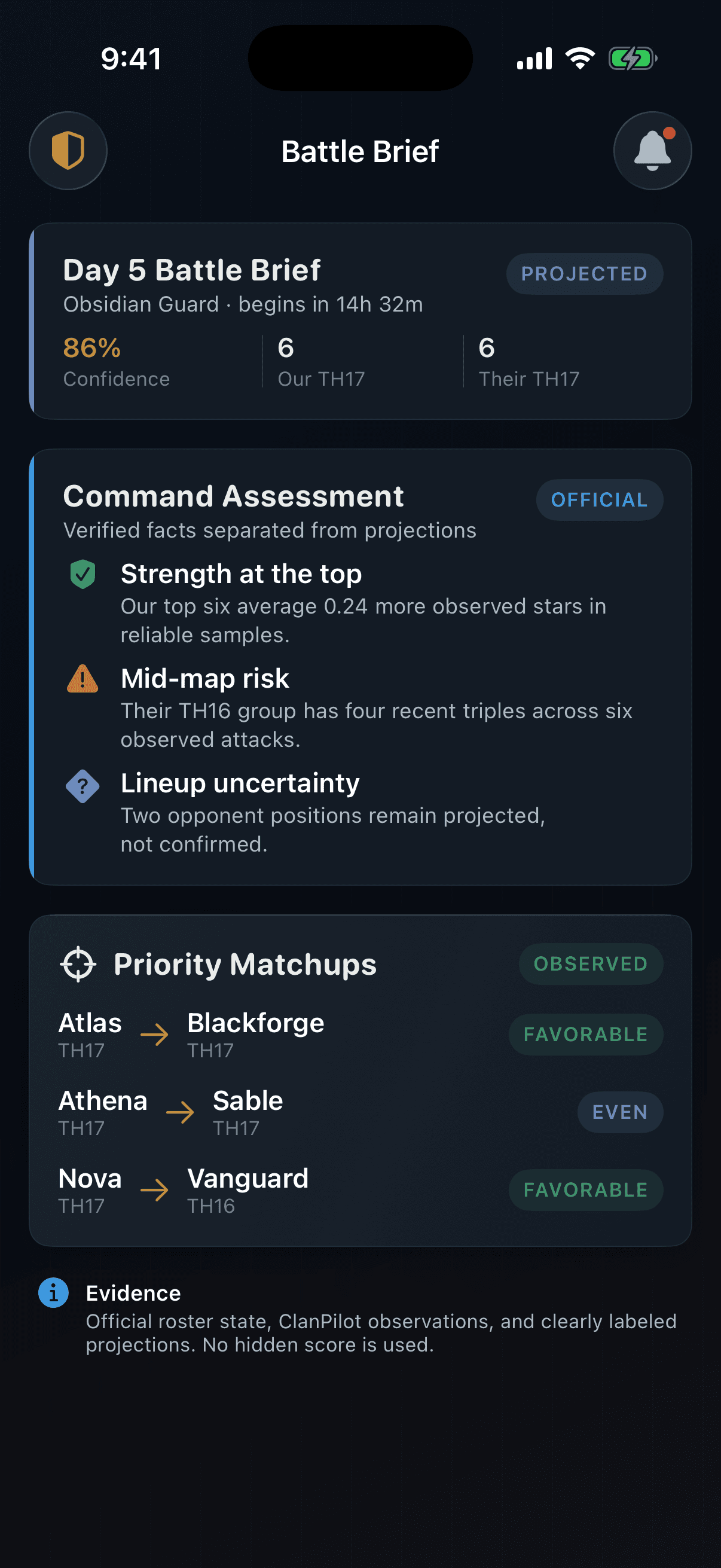 ClanPilot Battle Brief separating verified facts from projected matchup intelligence