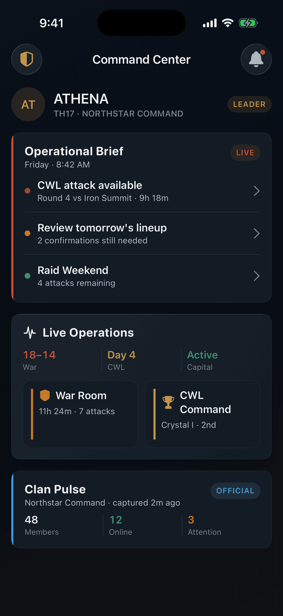 ClanPilot Command Center showing operational priorities and live clan activity