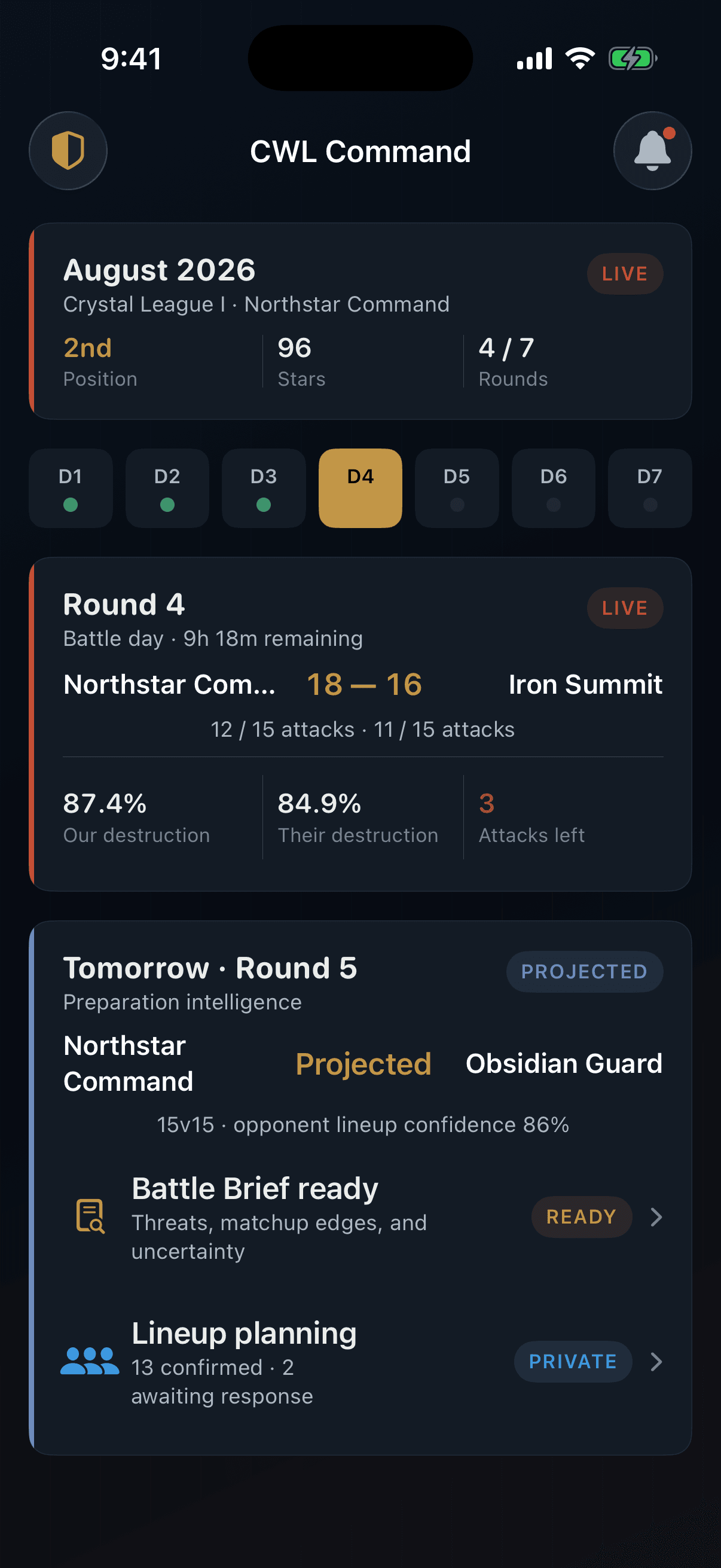 ClanPilot CWL Command showing seven rounds, current score, and tomorrow's opponent