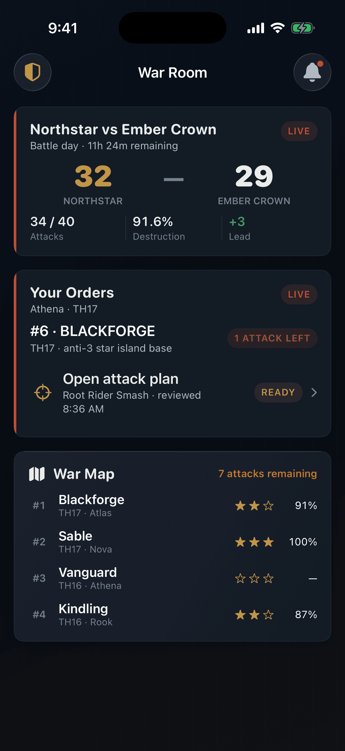 ClanPilot War Room showing live score, attack obligation, plan, and war map